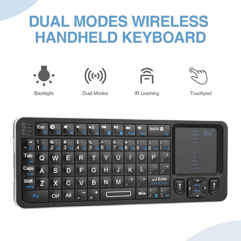 RII K06 Mini Bluetooth Keyboard,Backlit 2.4GHz Wireless Keyboard with IR Learning, Portable with Touchpad,Compatible with Amazon Fire Stick/VR Glasses/PS4/PS5/HTPC/IPTV (2.4G and Bluetooth) - Image 3